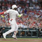 St. Louis Cardinals' Marcell Ozuna watches his two-run home run during the first inning of the team's baseball game against the Colorado Rockies on Friday, Aug. 23, 2019, in St. Louis. (AP Photo/Jeff Roberson)
