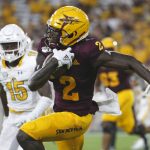 Arizona State wide receiver Brandon Aiyuk (2) runs with the ball after a reception against Kent State during the first half of an NCAA college football game Thursday, Aug. 29, 2019, in Tempe, Ariz. (AP Photo/Ralph Freso)