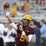 Arizona State quarterback Jayden Daniels throws prior to an NCAA college football game against Kent State, Thursday, Aug. 29, 2019, in Tempe, Ariz. Daniels is the first true freshman to start the opening game of the season at quarterback in school history. (AP Photo/Ralph Freso)