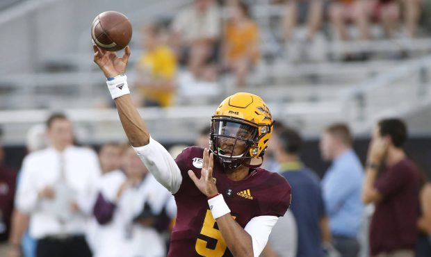 Arizona State quarterback Jayden Daniels throws prior to an NCAA college football game against Kent...