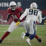 Arizona Cardinals offensive tackle D.J. Humphries (74) lines up against Los Angeles Chargers defensive end Isaac Rochell (98) during the first half of an NFL preseason football game, Thursday, Aug. 8, 2019, in Glendale, Ariz. (AP Photo/Rick Scuteri)