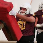 Arizona State OL Kyle Breed goes through drills during the team’s first preseason practice Wednesday, July 31, 2019, in Tempe. (Tyler Drake/Arizona Sports)