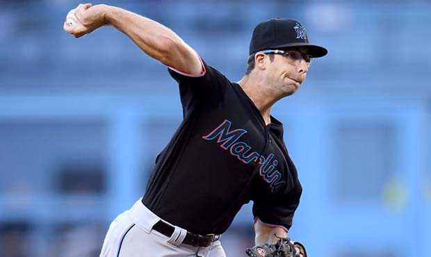 Zac Gallen #52 of the Miami Marlins pitches against the Los Angeles Dodgers during the first inning...