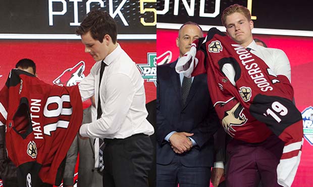 The Arizona Coyotes 2018 and 2019 first-round draft picks Barrett Hayton (left) and Victor Soderstr...