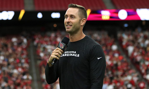 Arizona Cardinals head coach Kliff Kingsbury addresses the crowd ahead of the team’s Red and Whit...