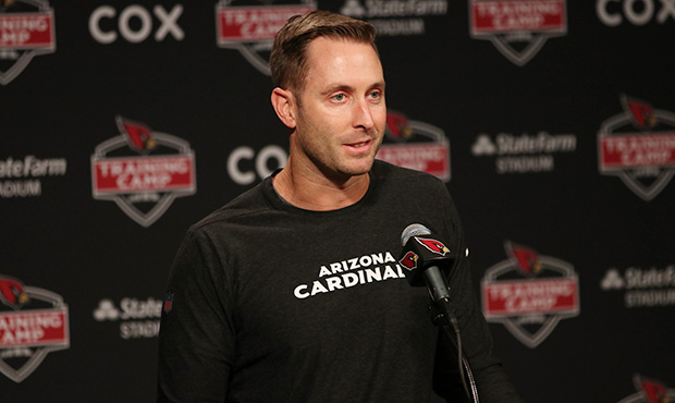 Arizona Cardinals head coach Kliff Kingsbury talks to the media ahead of the team’s Red and White...