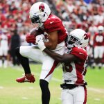 Arizona Cardinals WR Christian Kirk hangs onto the football during the team’s Red and White Practice Saturday, August 3, 2019, at State Farm Stadium. (Tyler Drake/Arizona Sports)