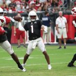 Arizona Cardinals QB Kyler Murray looks for the open receiver during the team’s Red and White Practice Saturday, August 3, 2019, at State Farm Stadium. (Tyler Drake/Arizona Sports)