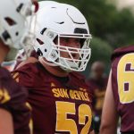 Arizona State offensive lineman Cody Shear talks with teammates during the team’s first preseason practice Wednesday, July 31, 2019, in Tempe. (Tyler Drake/Arizona Sports)