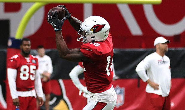 Arizona Cardinals WR Trent Sherfield catches the pass during the team’s Red and White Practice Sa...