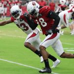 Arizona Cardinals WR Kevin White (18) jostles for position with CB Robert Alford (23) during the team’s Red and White Practice Saturday, August 3, 2019, at State Farm Stadium. (Tyler Drake/Arizona Sports)