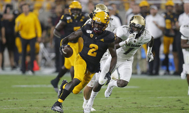 Arizona State wide receiver Brandon Aiyuk scores a touchdown against Colorado during the first half...