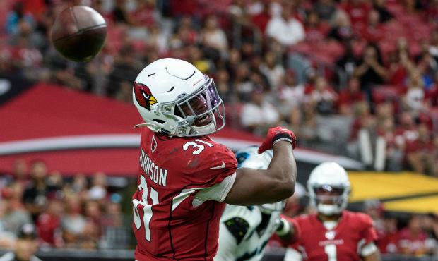 Running back David Johnson #31 of the Arizona Cardinals attempts to make a catch in the second half...
