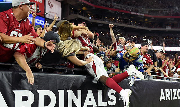Wide receiver Chad Williams #10 of the Arizona Cardinals celebrates with fans after scoring a 22-ya...