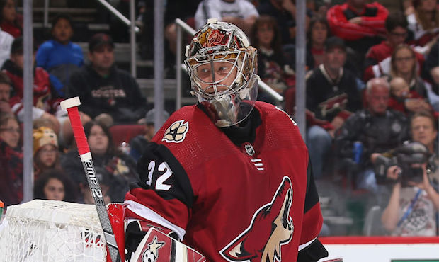 Goaltender Antti Raanta #32 of the Arizona Coyotes in action during the NHL game against the Ottawa...