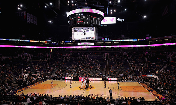 General view of action as the Phoenix Suns and the San Antonio Spurs tip-off during the first half ...
