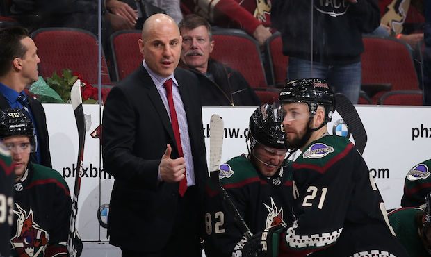 Head coach Rick Tocchet of the Arizona Coyotes reacts during the third period of the NHL game again...