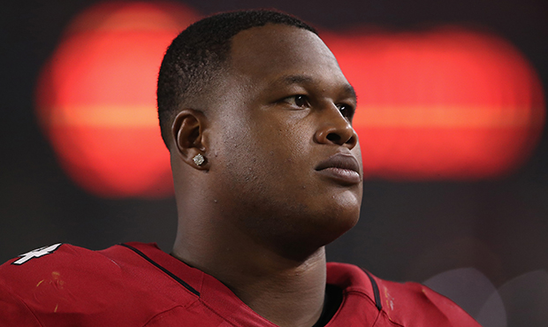 Offensive tackle D.J. Humphries #74 of the Arizona Cardinals watches from the sidelines during the ...