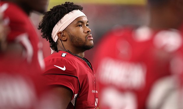 Quarterback Kyler Murray #1 of the Arizona Cardinals watches from the sidelines during the first ha...