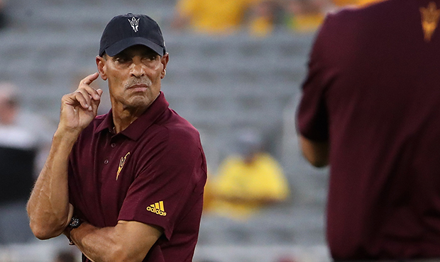 Head coach Herm Edwards of the Arizona State Sun Devils during warm ups to the NCAAF game against t...