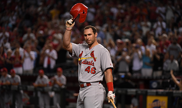Paul Goldschmidt #46 of the St. Louis Cardinals tips his helmet to the crowd prior to his first at ...