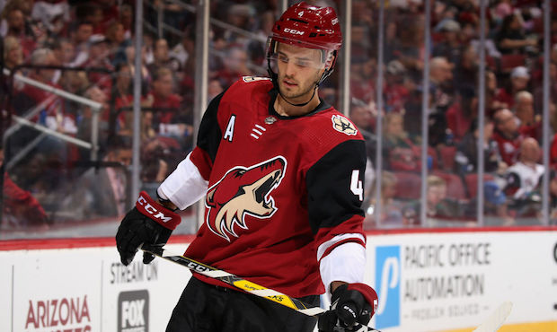 Niklas Hjalmarsson #4 of the Arizona Coyotes during the third period of the NHL game against the Ve...