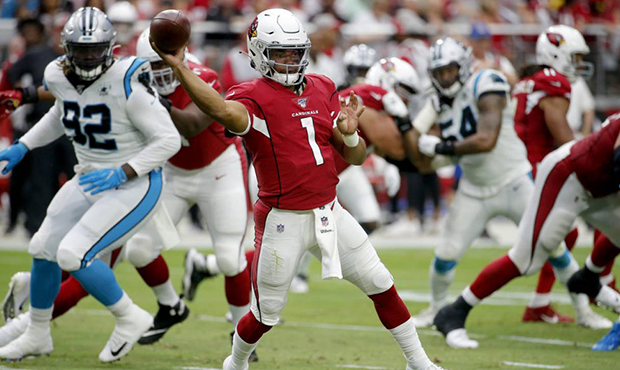 Arizona Cardinals quarterback Kyler Murray (1) throws against the Carolina Panthers during the firs...