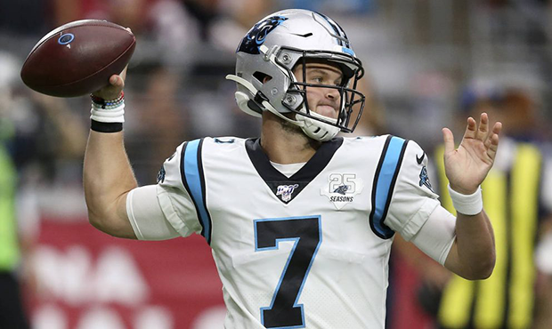 Carolina Panthers quarterback Kyle Allen (7) throws against the Arizona Cardinals during the first ...