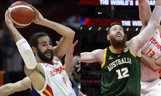 Left: Ricky Rubio (AP Photo/Andy Wong). Right: Aron Baynes. (AP Photo/Mark Schiefelbein)...