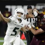 Sacramento State quarterback Kevin Thomson (5) throws a pass against Arizona State during the first half of an NCAA college football game Friday, Sept. 6, 2019, in Tempe, Ariz. (AP Photo/Matt York)