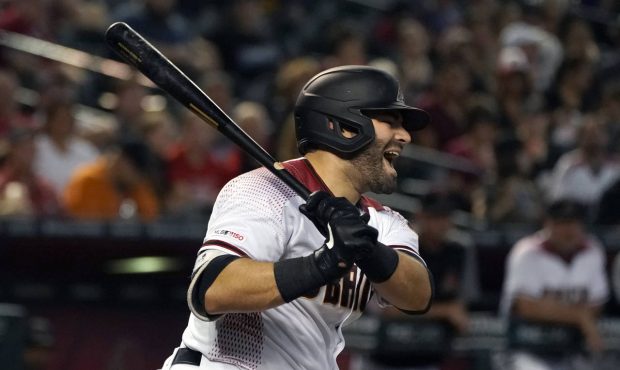 Arizona Diamondbacks' Alex Avila reacts after striking out against the San Diego Padres in the seco...