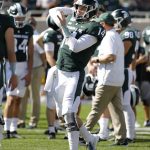 Michigan State quarterback Brian Lewerke warms up before an NCAA college football game against Arizona State, Saturday, Sept. 14, 2019, in East Lansing, Mich. (AP Photo/Al Goldis)