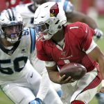 Arizona Cardinals quarterback Kyler Murray (1) is sacked by Carolina Panthers linebacker Christian Miller (50) during the second half of an NFL football game, Sunday, Sept. 22, 2019, in Glendale, Ariz. The Panthers won 38-20. (AP Photo/Ross D. Franklin)