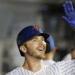 New York Mets' Pete Alonso celebrates in the dugout after hitting a solo home run during the fifth inning of a baseball game against the Arizona Diamondbacks, Monday, Sept. 9, 2019, in New York. It was Alonso's second home run of the game. (AP Photo/Kathy Willens)