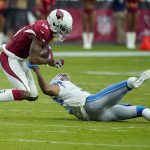 Detroit Lions cornerback Rashaan Melvin tackles Arizona Cardinals wide receiver Trent Sherfield, left, during the second half of an NFL football game, Sunday, Sept. 8, 2019, in Glendale, Ariz. (AP Photo/Rick Scuteri)