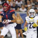 Arizona wide receiver Drew Dixon (1) reacts after scoring a touch down against Northern Arizona defensive back Brian Barry in the first half during an NCAA college football game, Saturday, Sept. 7, 2019, in Tucson, Ariz. (AP Photo/Rick Scuteri)