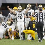 Colorado place kicker James Stefanou (48) reacts after a roughing the holder penalty in the second half during an NCAA college football game against Arizona State, Saturday, Sept. 21, 2019, in Tempe, Ariz. Colorado defeated Arizona State 34-31. (AP Photo/Rick Scuteri)