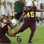 Arizona State's Christian Zendejas (45) kicks a field goal as punter Kevin Macias (44) holds during the second half of the team's NCAA college football game against Sacramento State, Friday, Sept. 6, 2019, in Tempe, Ariz. (AP Photo/Matt York)