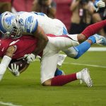 Arizona Cardinals wide receiver Damiere Byrd is tackled by Detroit Lions defensive back Quandre Diggs, right, during the first half of an NFL football game, Sunday, Sept. 8, 2019, in Glendale, Ariz. (AP Photo/Rick Scuteri)