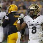 Colorado running back Alex Fontenot (8) celebrates after scoring a touchdown against Arizona State during the first half of an NCAA college football game Saturday, Sept. 21, 2019, in Tempe, Ariz. (AP Photo/Rick Scuteri)