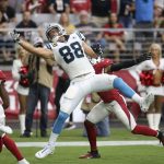 Carolina Panthers tight end Greg Olsen (88) can't make the catch against the Arizona Cardinals during the first half of an NFL football game, Sunday, Sept. 22, 2019, in Glendale, Ariz. (AP Photo/Ross D. Franklin)