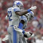 Detroit Lions defensive back Tracy Walker. right, celebrates his interception against the Arizona Cardinals with teammate defensive back Tavon Wilson (32) during the first half of an NFL football game, Sunday, Sept. 8, 2019, in Glendale, Ariz. (AP Photo/Darryl Webb)