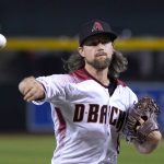 Arizona Diamondbacks pitcher Mike Leake throws against the San Diego Padres in the first inning of a baseball game Monday, Sept. 2, 2019, in Phoenix. (AP Photo/Rick Scuteri)