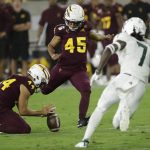 Arizona State's Christian Zendejas (45) kicks a field goal as punter Kevin Macias (44) holds during the second half of an NCAA college football game against Sacramento State on Friday, Sept. 6, 2019, in Tempe, Ariz. (AP Photo/Matt York)
