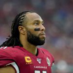 Arizona Cardinals wide receiver Larry Fitzgerald (11) watches from the sidelines during the second half of an NFL football game against the Detroit Lions, Sunday, Sept. 8, 2019, in Glendale, Ariz. (AP Photo/Rick Scuteri)