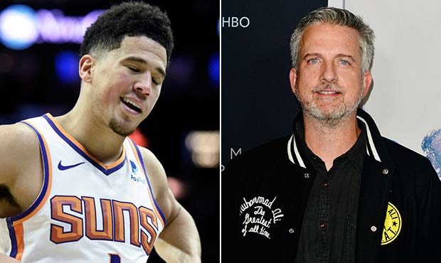 Phoenix Suns guard Devin Booker (AP photo), left, and The Ringer's Bill Simmons (Getty Images), rig...