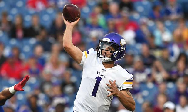 Minnesota Vikings quarterback Kyle Sloter throws a pass during the first half of the team's NFL pre...
