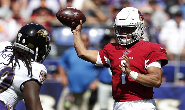 Quarterback Kyler Murray #1 of the Arizona Cardinals throws the ball against the Baltimore Ravens d...