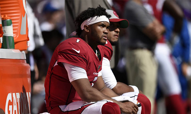 Arizona Cardinals quarterback Kyler Murray sits on the Cardinals sideline in the second half of an ...