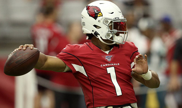 Arizona Cardinals quarterback Kyler Murray (1) warms up prior to an NFL football game against the C...